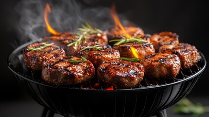 Juicy grilled medallions sizzling on a charcoal grill with flames and rosemary sprigs.