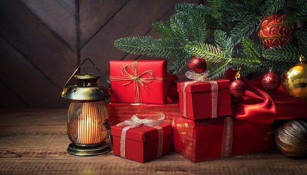 christmas presents gifts under fir tree vintage new year decorations red gift boxes and lantern under fir tree on dark wooden flor christmas mood celebrating of new year