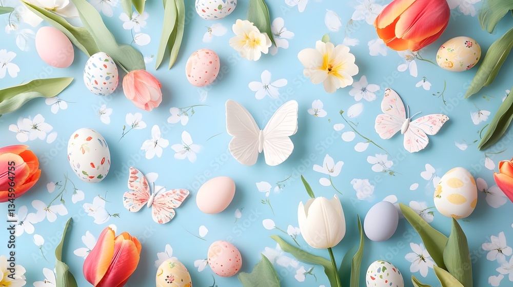 Poster easter eggs and tulips forming a spring background with butterflies