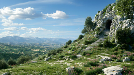 Panoramic Mountain Valley With Cave Entrance
