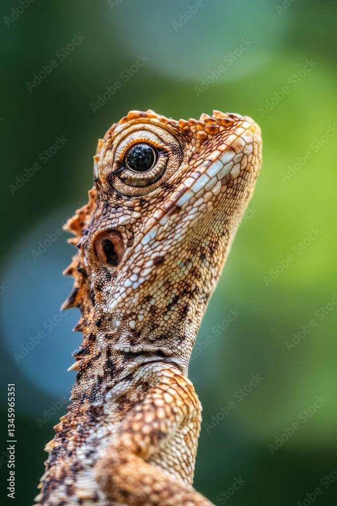 Poster a clear view of a lizard's face with blurred surroundings