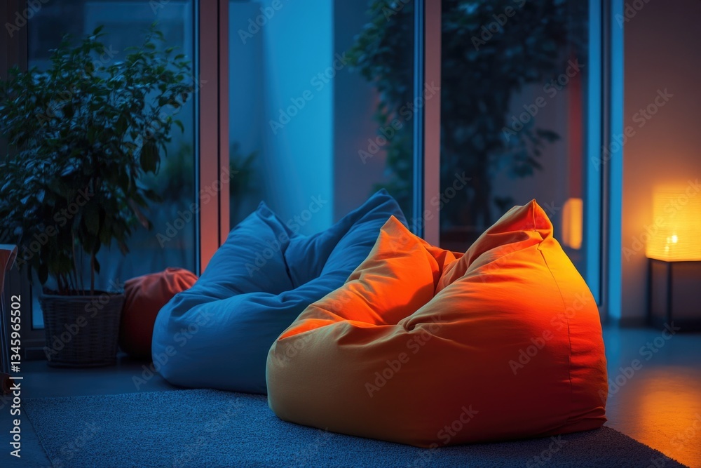 Poster two bean bags placed on the floor in front of a window