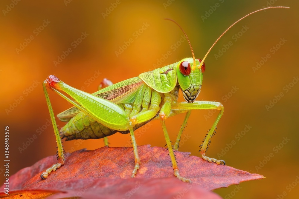 Poster a close-up view of a grasshopper sitting on a leaf, with the surrounding greenery blurred out
