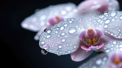 Delicate orchid blossoms, covered in water droplets