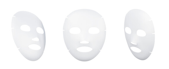 3d set of white fabric facial mask sheet mockup with gel or cream isolated render icon. Skincare moisture face mask with hyaluronic acid or collagen. Cosmetic beauty skin care product