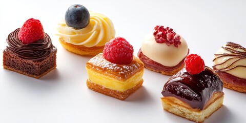 Miniature Pastry Delight: A mouthwatering assortment of exquisitely crafted miniature pastries, each adorned with fresh berries and delicate cream swirls, tempting indulgence and gourmet experience.
