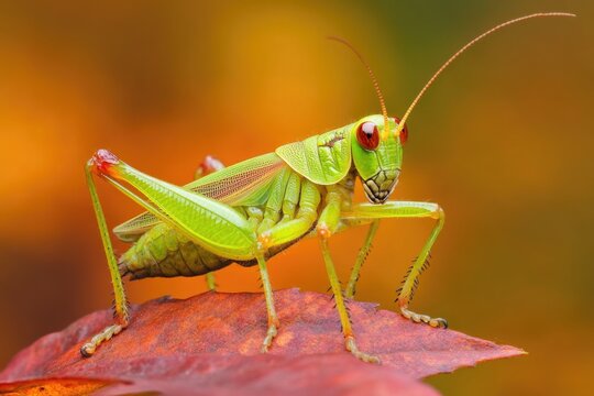 A close-up view of a grasshopper sitting on a leaf, with the surrounding greenery blurred out