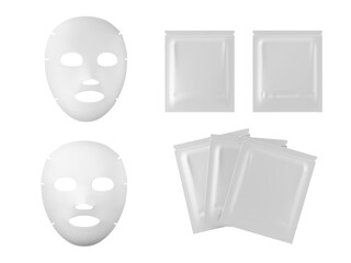 3d face mask sheet and blank white package mockup. Realistic beauty fabric facial mask for skin care with gel, cream or collagen. Cosmetic sachet, pouch render bag isolated icon set