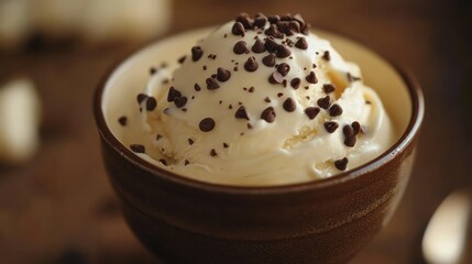 A delicious bowl of vanilla ice cream with chocolate chips