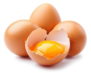 Fresh brown eggs, one cracked open, revealing yolk