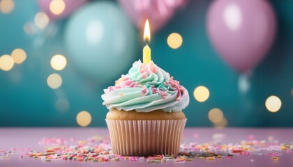 birthday cupcake with pastel colored sprinkles and a candle