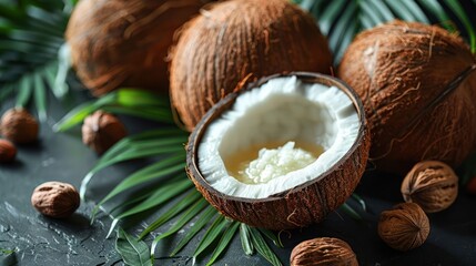 Fresh coconuts displayed on a dark surface with tropical leaves and nuts, showcasing their creamy interior