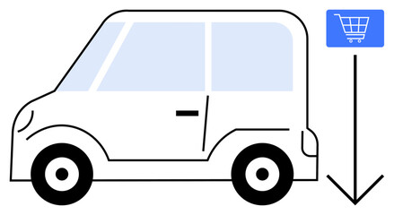 White car illustration facing a blue shopping cart sign with downward arrow for delivery, pickup, transportation, urban convenience, logistics, online shopping, service efficiency. Ideal for modern