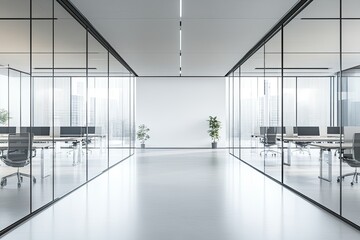 Modern open-plan office space with glass partitions, showcasing a bright and minimalist design.  Clean lines and natural light fill the area. 