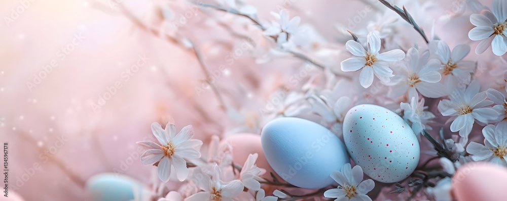 Poster easter eggs hiding in beautiful spring flowers with bokeh and copy space
