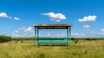 Isolated Turquoise Bench Under Metal Roof Against Blue Sky and Green Field in Daylight