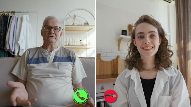 Two individuals engage in a remote conversation via an online call platform. They discuss various topics while seated in their respective locations, maintaining a professional demeanor.