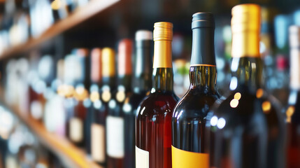 Wine bottles on shelf in alcohol shop or store