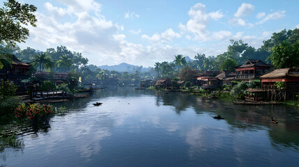Obraz premium Picturesque River Village Scene With Calm Waters Reflecting Lush Green Trees and Blue Sky