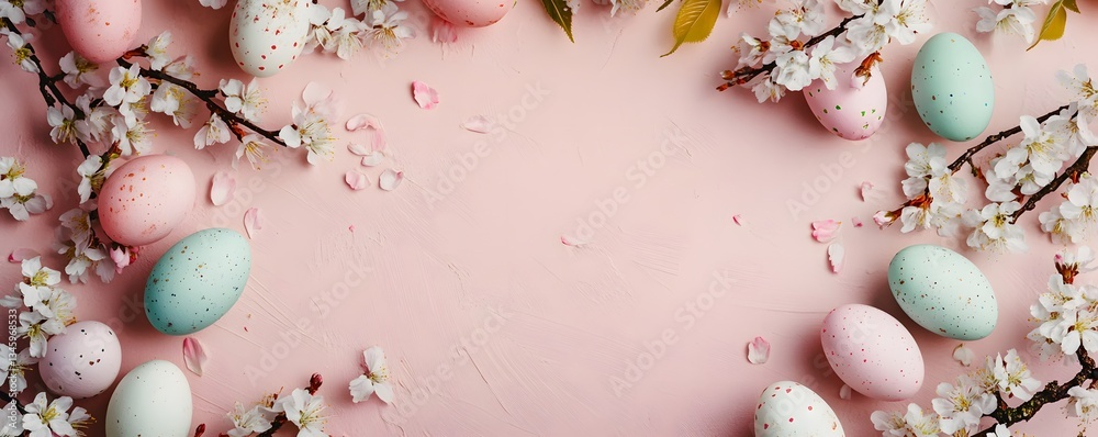 Aufkleber easter eggs and spring blossom branches forming a frame on pink background