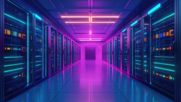 Futuristic server room with vibrant neon lighting