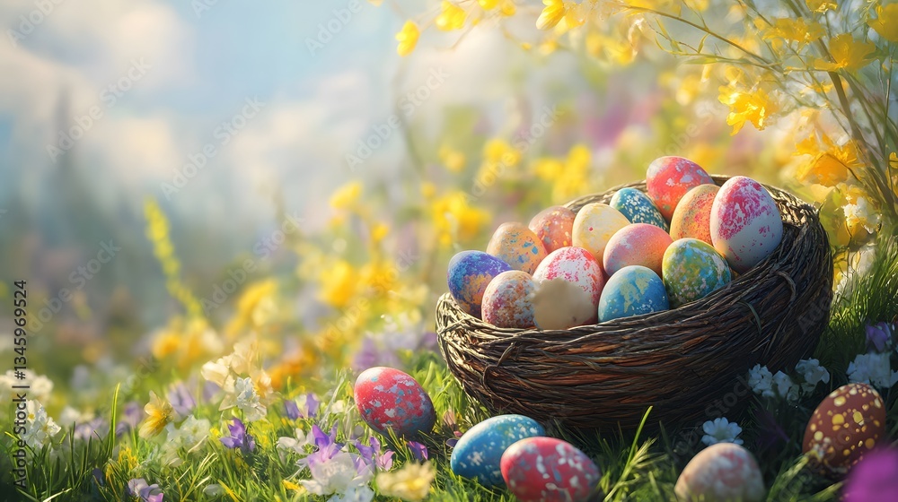 Poster easter eggs resting in a nest in a flowery meadow during a sunny spring day