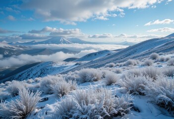 Snowy Mountain Landscape Winter Scene Frosty Plants Cold Weather Scenic View Beautiful Nature Sky   