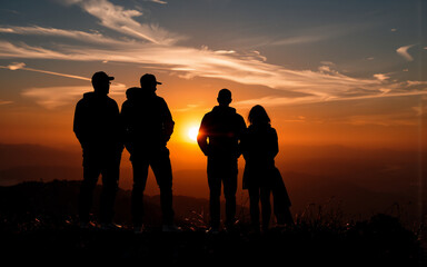 Silhouetted figures stand atop a hill, gazing at a breathtaking sunset.  The sky bursts with warm colors as the sun dips below the horizon, creating a peaceful scene.