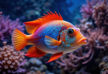 Fototapeta premium Vibrant Orange Blue Tropical Fish Coral Reef Aquatic Nature Underwater Sea Red Fin Art Life Tail 