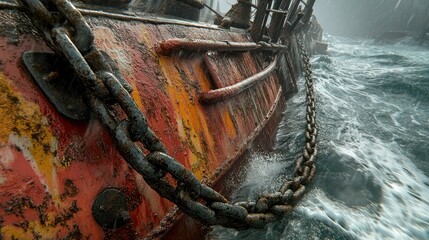 Rusted ship hull in stormy sea.  Chains and waves