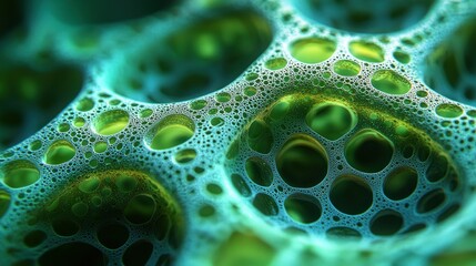 Close-up green foam structure with iridescent bubbles, creating an organic texture