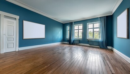 Blue empty living room with windows, parquet floor and mockup posters. Generated image