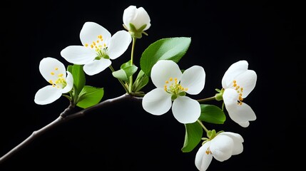 Obraz premium Blooming apple tree branch with delicate white flowers on black background