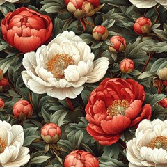 Peonies flowers plants floral blooming botanical seamless pattern ornament design, tile