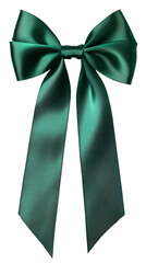 a classic dark green satin bow with long flowing tails hanging down on a png file with transparent background
