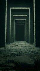 Fototapeta premium Dark, mysterious corridor with deep green concrete pillars and floor. A sense of depth and anticipation.
