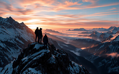 Three people stand atop a snow-covered mountain peak, gazing at a vibrant sunset painting the sky with warm colors above a vast mountain range and valley.
