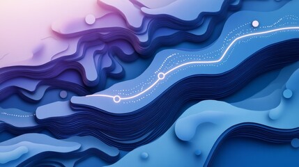 A blue and purple image of a route through a landscape with a large difference in elevation in a paper cut style