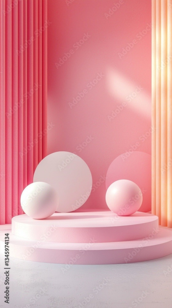 Poster in a contemporary setting, soft pastel colors envelop a circular podium adorned with spherical forms