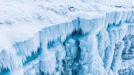 Stunning ice formations create a mesmerizing landscape of frozen beauty, showcasing nature's intricate patterns and textures on a snowy cliff.