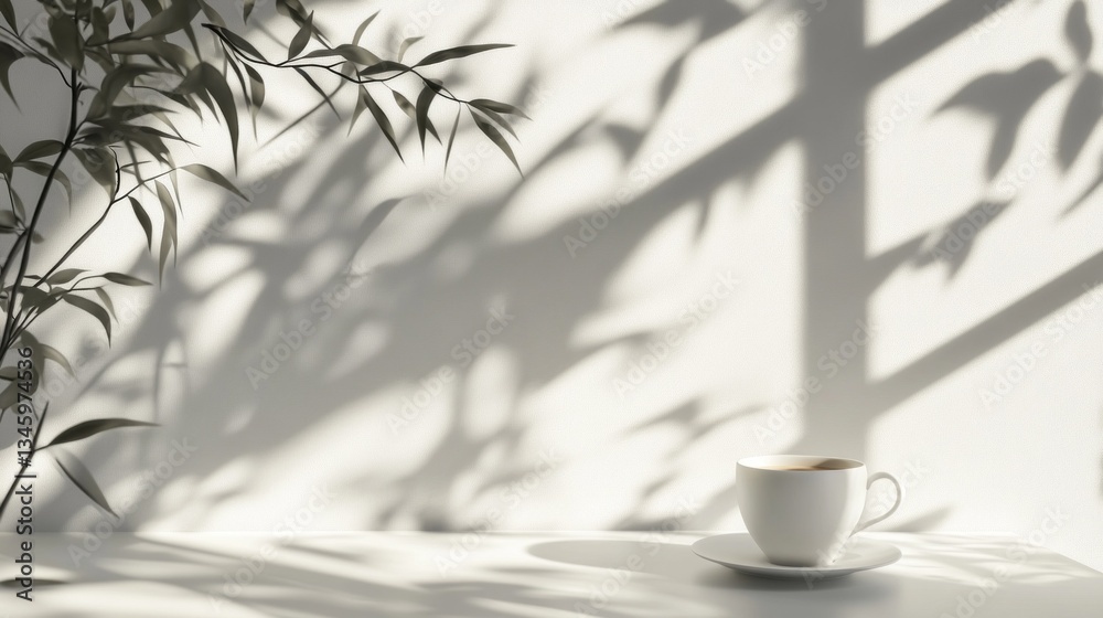 Poster sunlight filters through leaves, casting delicate shadows on a white surface where a steaming cup re