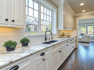 Luxury kitchen design marble countertops white cabinets