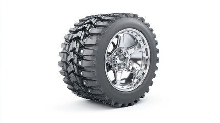 Obraz premium Chrome rim and off-road tire isolated on white background.