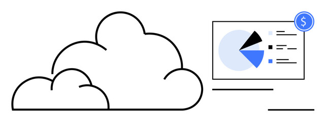Cloud connected to analytics dashboard with pie charts and financial data. Ideal for cloud computing, data analysis, financial management, technology solutions, remote access, digital transformation
