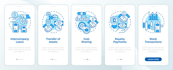 Intercompany transactions blue onboarding mobile app screen. Walkthrough 5 steps editable graphic instructions with linear concepts. UI, UX, GUI template. Montserrat SemiBold, Regular fonts used