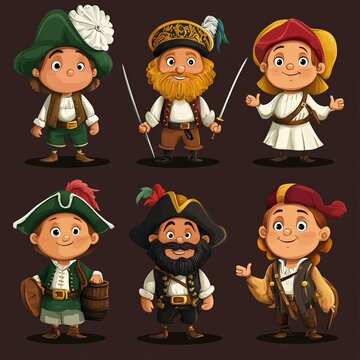 Gruppo di pirati cartooneschi, colorati, buffi e divertenti