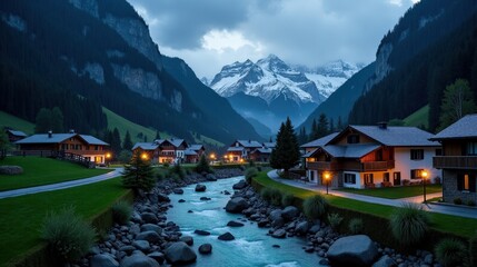 Fototapeta premium Engadin Valley, Switzerland, at night during rain. Wet roads reflect dim light, while raindrops ripple across lakes and misty mountains loom in the distance.