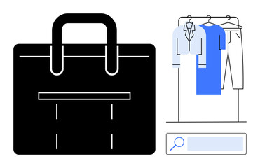 Obraz premium Black briefcase next to blue and white professional clothing on a rack, accompanied by a search bar. Ideal for career, professional wardrobe, business preparation, job hunting, corporate training