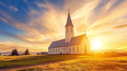 Fototapeta premium Church at sunset, vibrant sky, idyllic landscape.