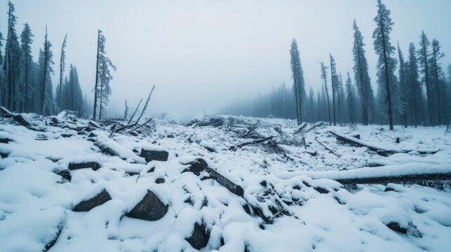 A serene winter landscape featuring snow-covered ground and tall, sparse trees under a foggy sky, evoking a sense of calm and isolation.